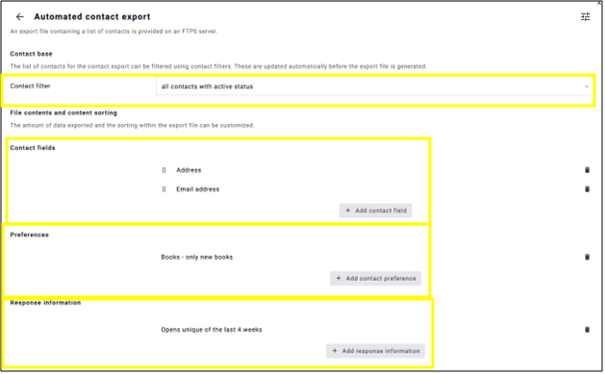 fig. 8: Filter the contacts to be exported and configure the contact fields, preferences and response information.