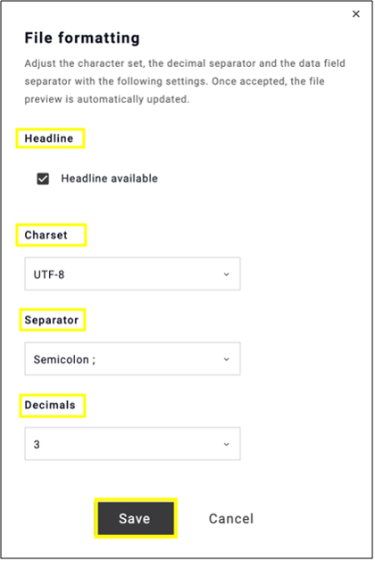 fig. 10: Set the formatting options in the ‘File formatting step’ to ensure that Maileon correctly interprets the contact file and separates the data into fields.