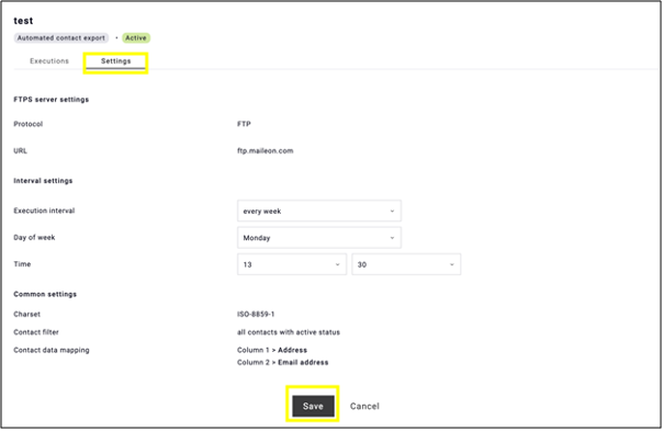fig. 12: Click the name of the contact import and go to the ‘Settings’ tab to reconfigure the export.