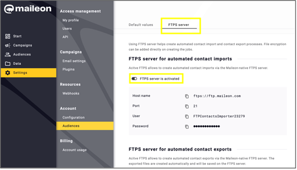 fig. 1: Enable the FTPS server to automatically transfer contacts and synchronize media.