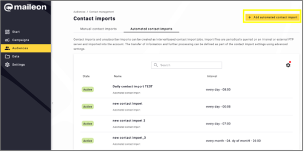 fig. 2: Navigate to ‘+Add automated contact import’ in ‘Audiences’ > ‘Contact imports’ > ‘Automated contact imports’ to start a new process.