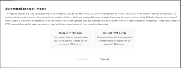 fig. 3: There are two ways to start the import process: via Maileon or via an external FTPS server.