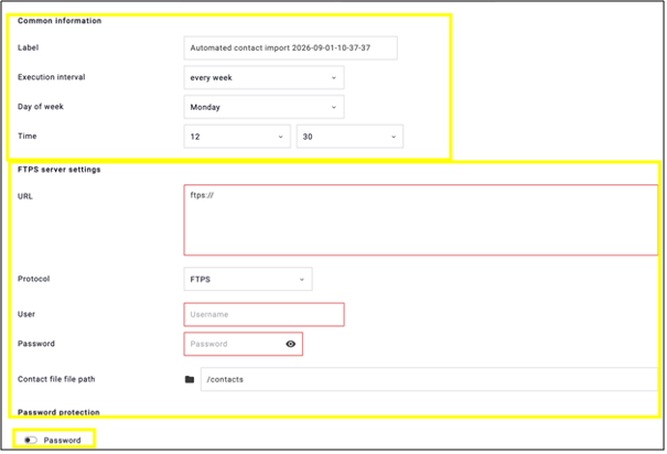 fig. 4: Enter the required details, including the label, execution interval, day, time, and data for importing contacts and unsubscribes.