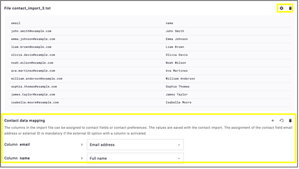 fig. 12: Map the columns in your import file to contact fields or settings. Mapping an email address or external ID is mandatory when the external ID option is enabled.