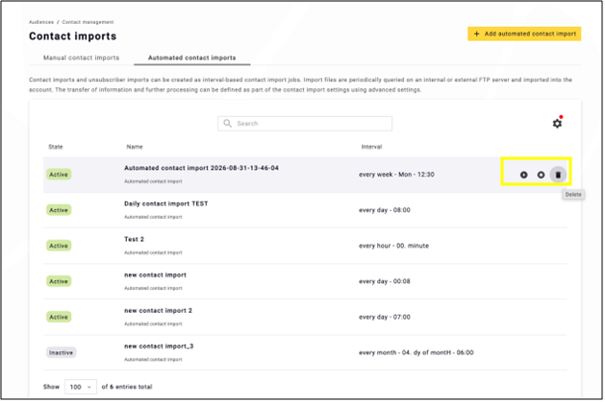 fig. 14: Find your automated import under the ‘Automated contact imports’ tab and use the icons to pause, resume, or cancel it.