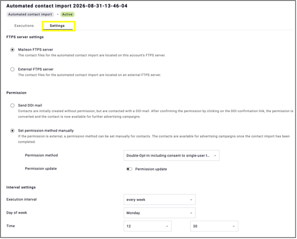 fig. 15: Click the name of the contact import and go to the ‘Settings’ tab to reconfigure the import.