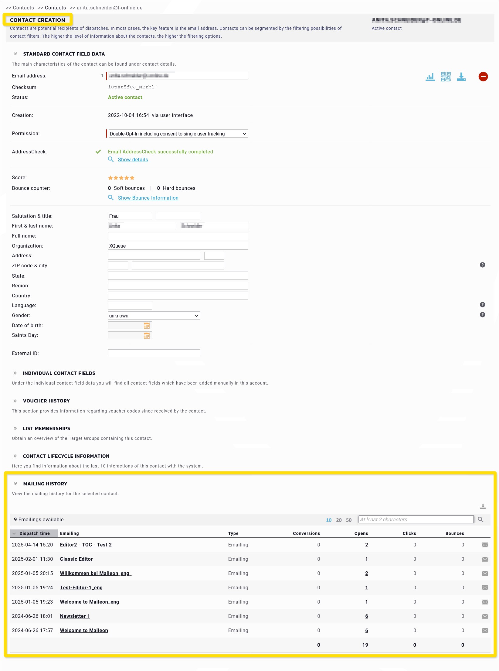 Fig. 3: Individual contact details page with mailing history.