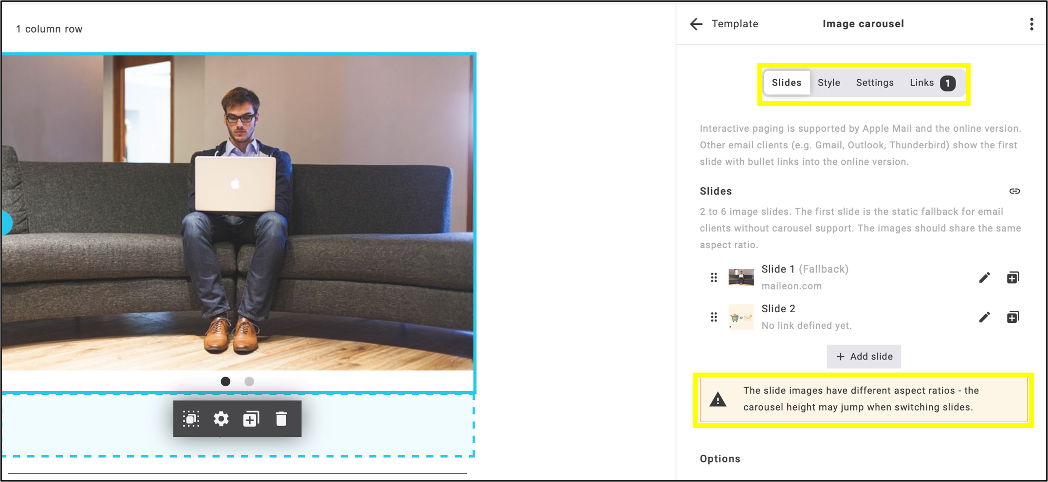 fig. 5: A popup alerts you to any discrepancies in image dimensions. Style, settings, and links can each be edited in their own tab.
