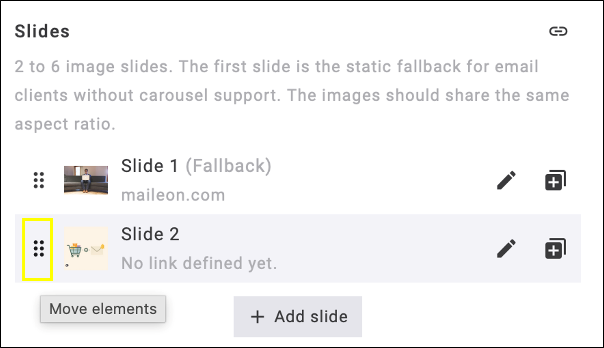 fig. 7: The six-dot icon allows you to reorder the slides.