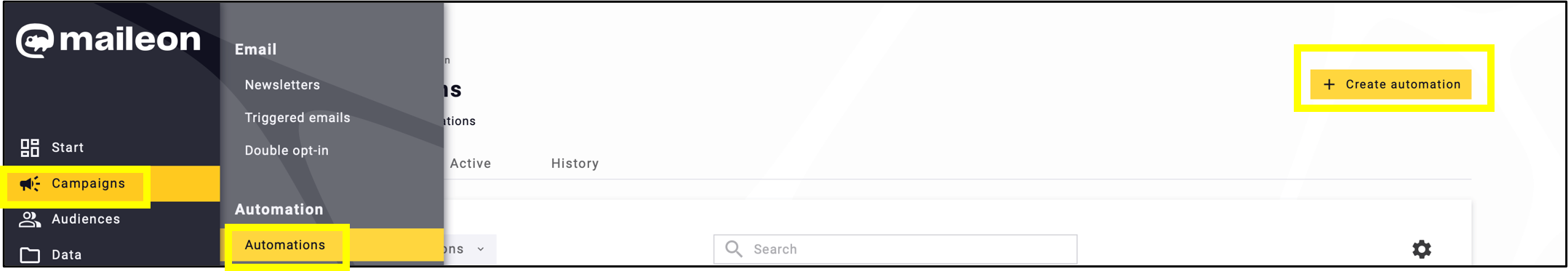 fig 1: Click ‘+Create automation’ in ‘Campaigns’ → ‘Automations’ to start the process.
