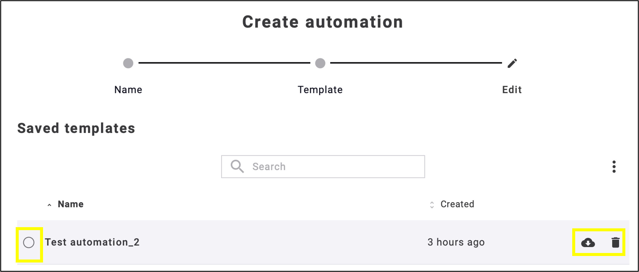 fig. 6: Download, delete, or edit the template using the icons next to its name.