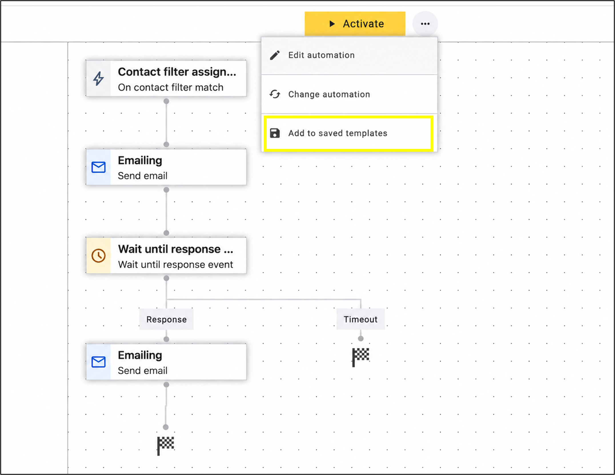 fig. 8: Click the three dots and select ‘Add to saved templates’ from the drop-down menu to save the automation under a new name.