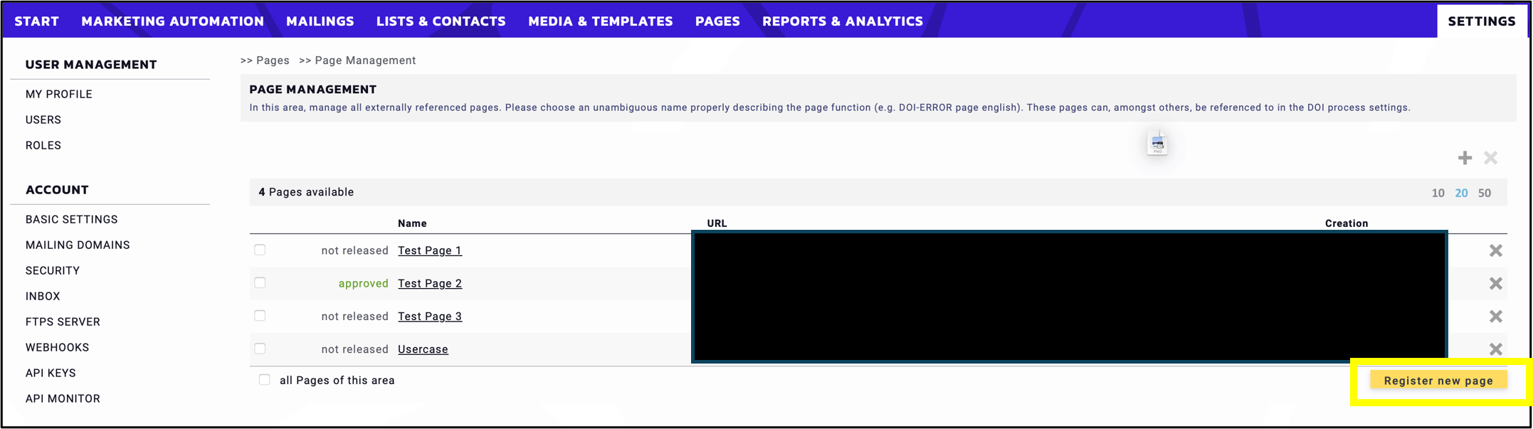 Fig. 10: New page registration.